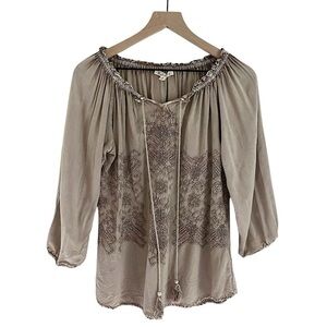 Solitaire Boho Peasant Embroidered 3/4 Sleeve Tassel Neck Blouse Brown Tan Small